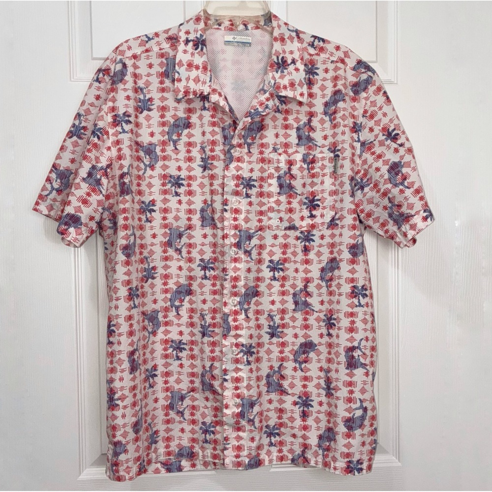 Columbia PFG fishing shirts men's large Vented Logo Short sleeve Palm tree Fish